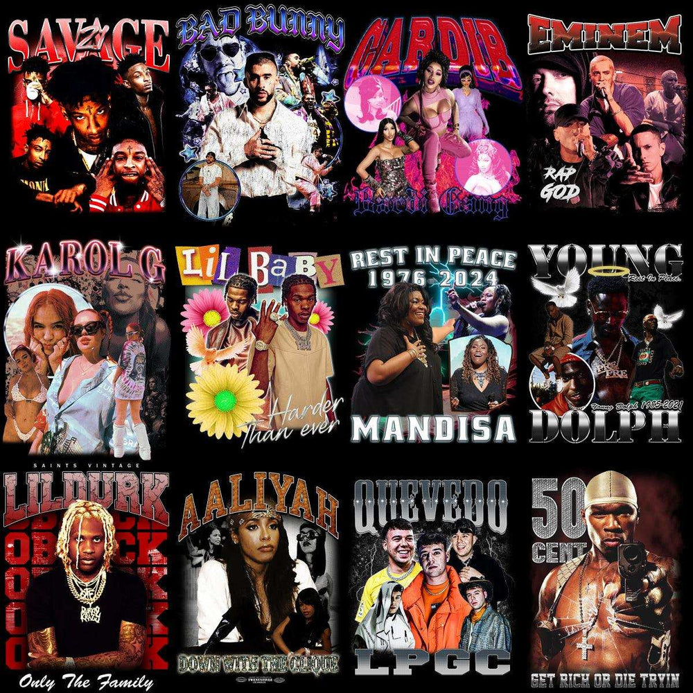Rap artist collage with Savage, Bad Bunny, Cardi B, Eminem, and more for DTF/DTG designs