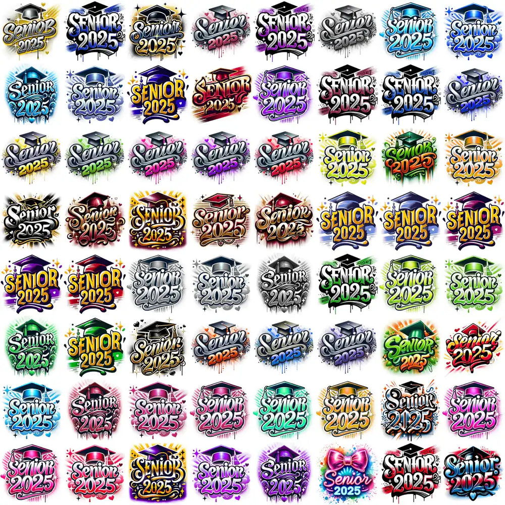 Senior 2025 graduation designs with colorful caps and vibrant styles for DTF, DTG, and embroidery