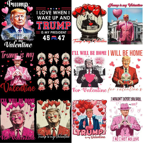 Trump Valentine's Day designs with hearts, balloons, and patriotic themes for print-ready use.