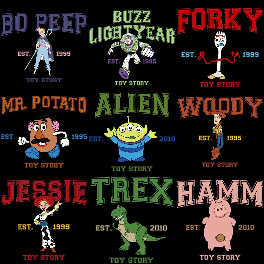 Toy Story characters like Woody, Buzz, and Forky in vintage-style designs for print-ready merch