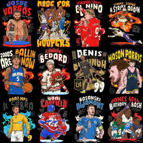 Sports athlete designs for DTF, DTG, embroidery, and tumbler wraps with vibrant graphics and bold text.