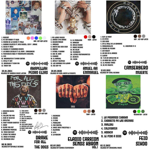 Latin hip hop & trap album art bundle with tracklists, color palettes, and Spotify codes for print-ready designs