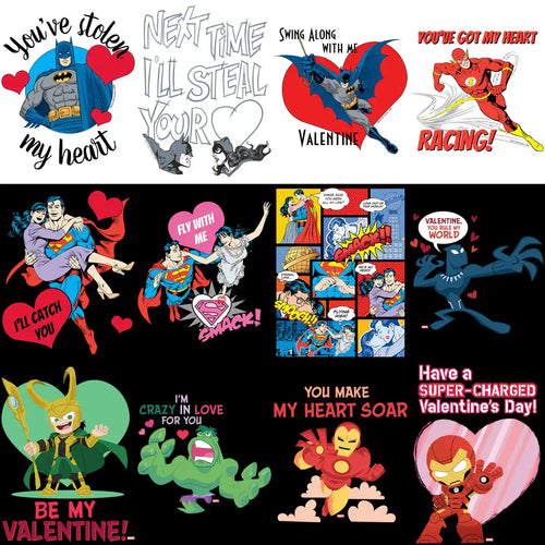 Superhero Valentine's Day designs featuring Batman, Superman, Iron Man, and more with romantic quotes.