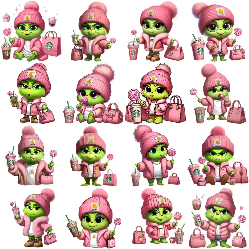 Cute green Grinch character in pink Carhartt hat & coat with Starbucks drinks, lollipops, and handbags