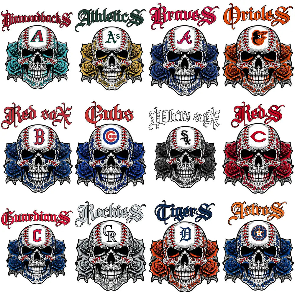 Baseball team skull designs with roses, MLB logos, print-ready for DTF DTG embroidery