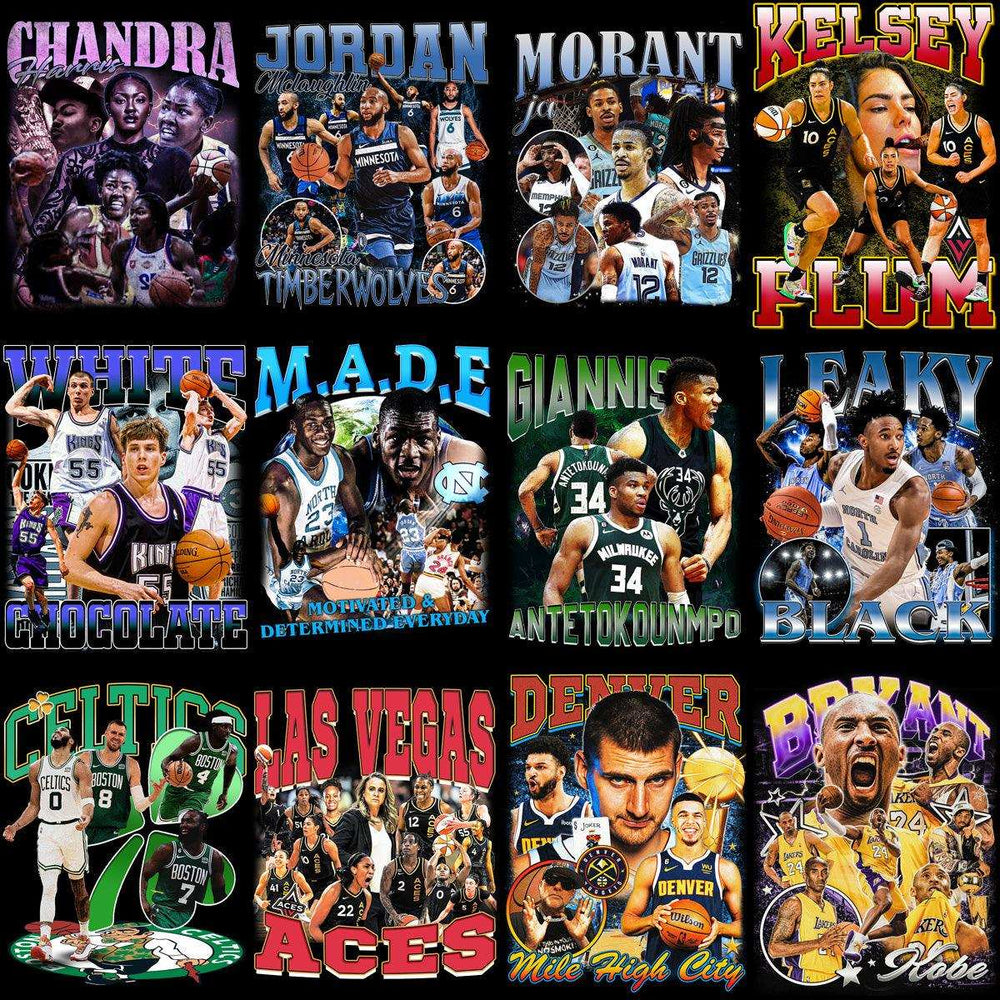 Basketball player designs for DTF/DTG, embroidery, and tumbler wraps featuring team logos and names.