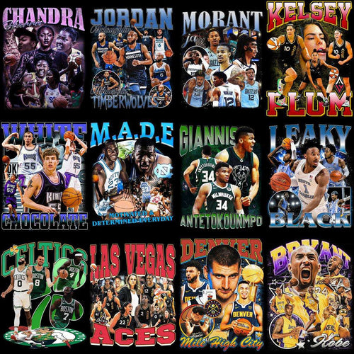 Basketball player designs for DTF/DTG, embroidery, and tumbler wraps featuring team logos and names.