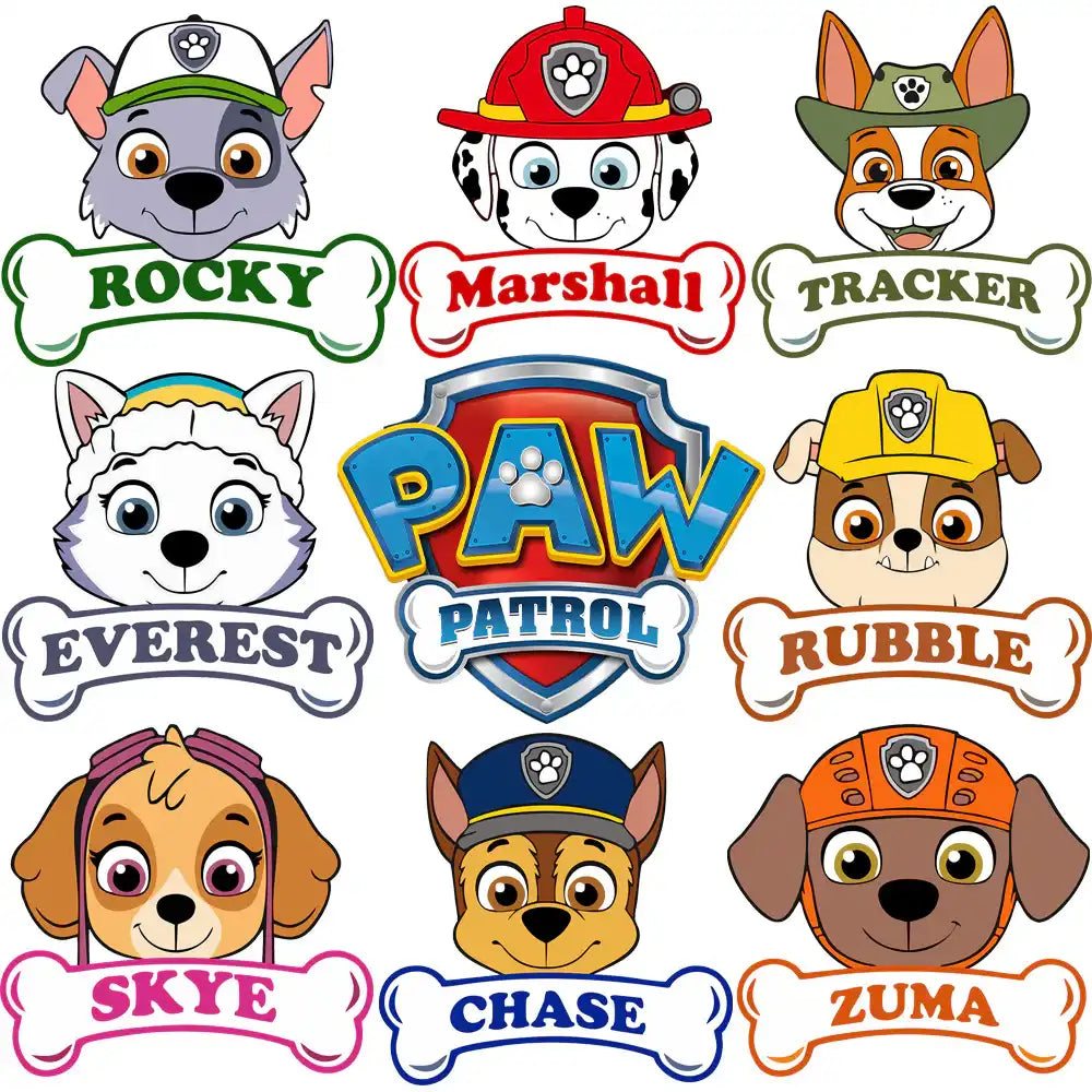 Paw Patrol characters Rocky, Marshall, Tracker, Everest, Rubble, Skye, Chase, Zuma with bone name tags, print-ready designs