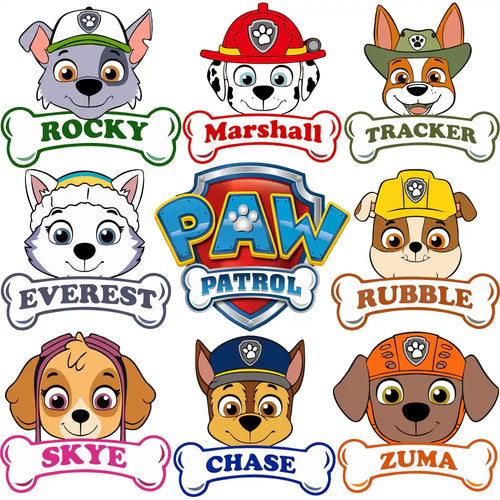 Paw Patrol characters Rocky, Marshall, Tracker, Everest, Rubble, Skye, Chase, Zuma with bone name tags, print-ready designs