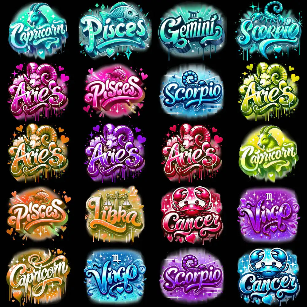 Vibrant zodiac sign designs for DTF, DTG, embroidery — Capricorn, Pisces, Gemini, Scorpio, Aries, Libra, Cancer, Virgo