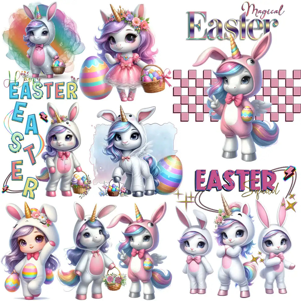 Cute Easter unicorn designs with pastel colors, eggs, and baskets for DTF/DTG printing