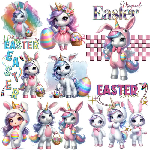 Cute Easter unicorn designs with pastel colors, eggs, and baskets for DTF/DTG printing