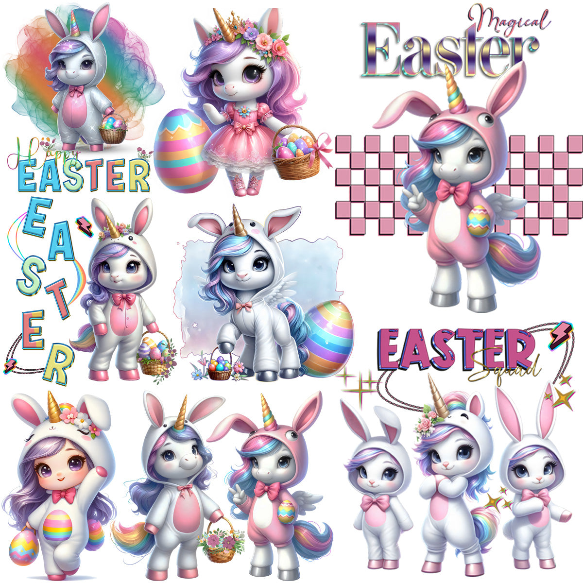 9 Cartoon Easter Day Unicorn Designs Bundle PNG