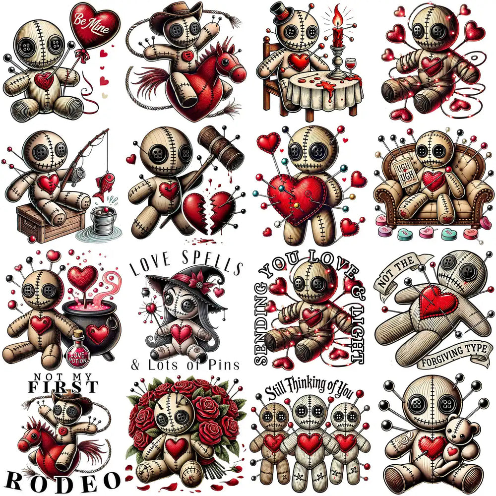 Voodoo doll designs with hearts, pins, and love spells for DTF/DTG and embroidery projects