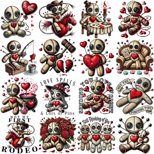Voodoo doll designs with hearts, pins, and love spells for DTF/DTG and embroidery projects
