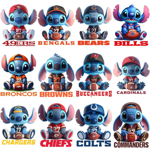 Stitch in NFL team jerseys, holding footballs, perfect for DTF/DTG designs and embroidery projects.