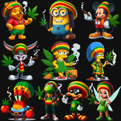 Rasta-themed cartoon characters with cannabis leaves and joints, print-ready for DTF DTG embroidery
