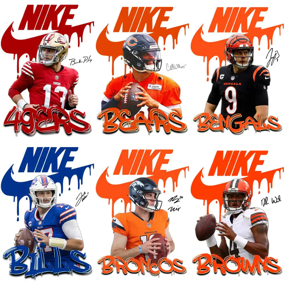 NFL players in team jerseys with Nike logos, featuring 49ers, Bears, Bengals, Bills, Broncos, Browns designs
