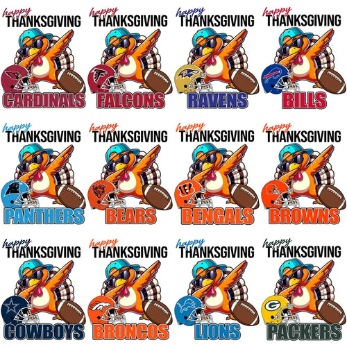 Happy Thanksgiving NFL team turkey designs with football helmets and dabbing turkeys for print-ready bundles.