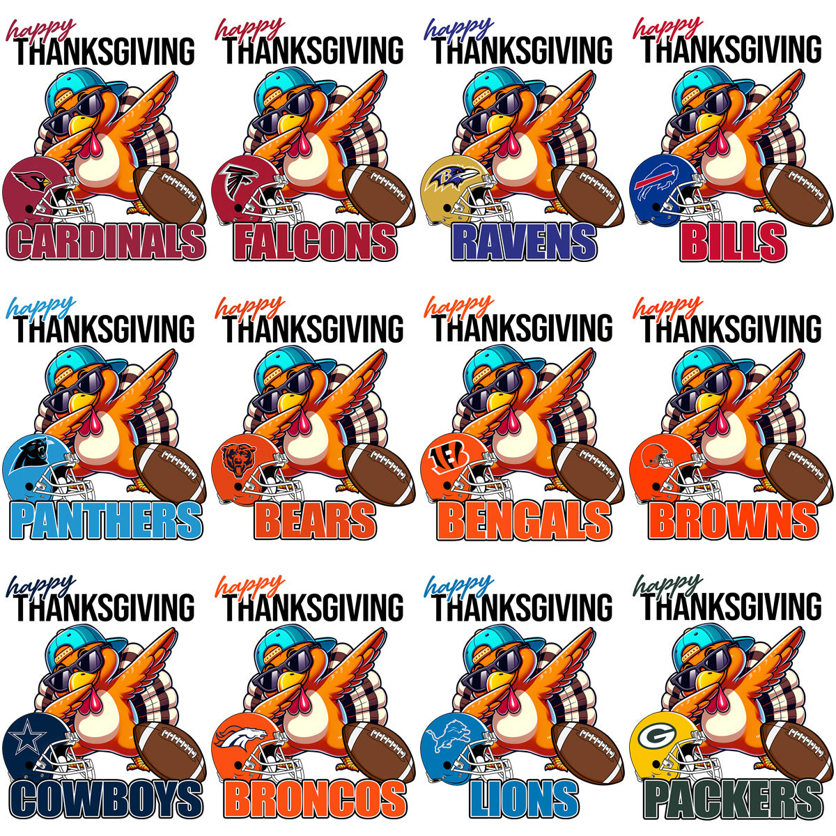 32 Thanksgiving Dabbing Turkey Football Teams Designs Bundle PNG