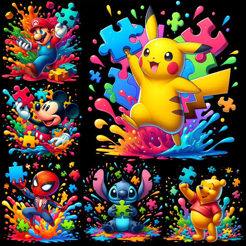 Vibrant cartoon characters with puzzle pieces and colorful splashes, ideal for DTF/DTG designs.