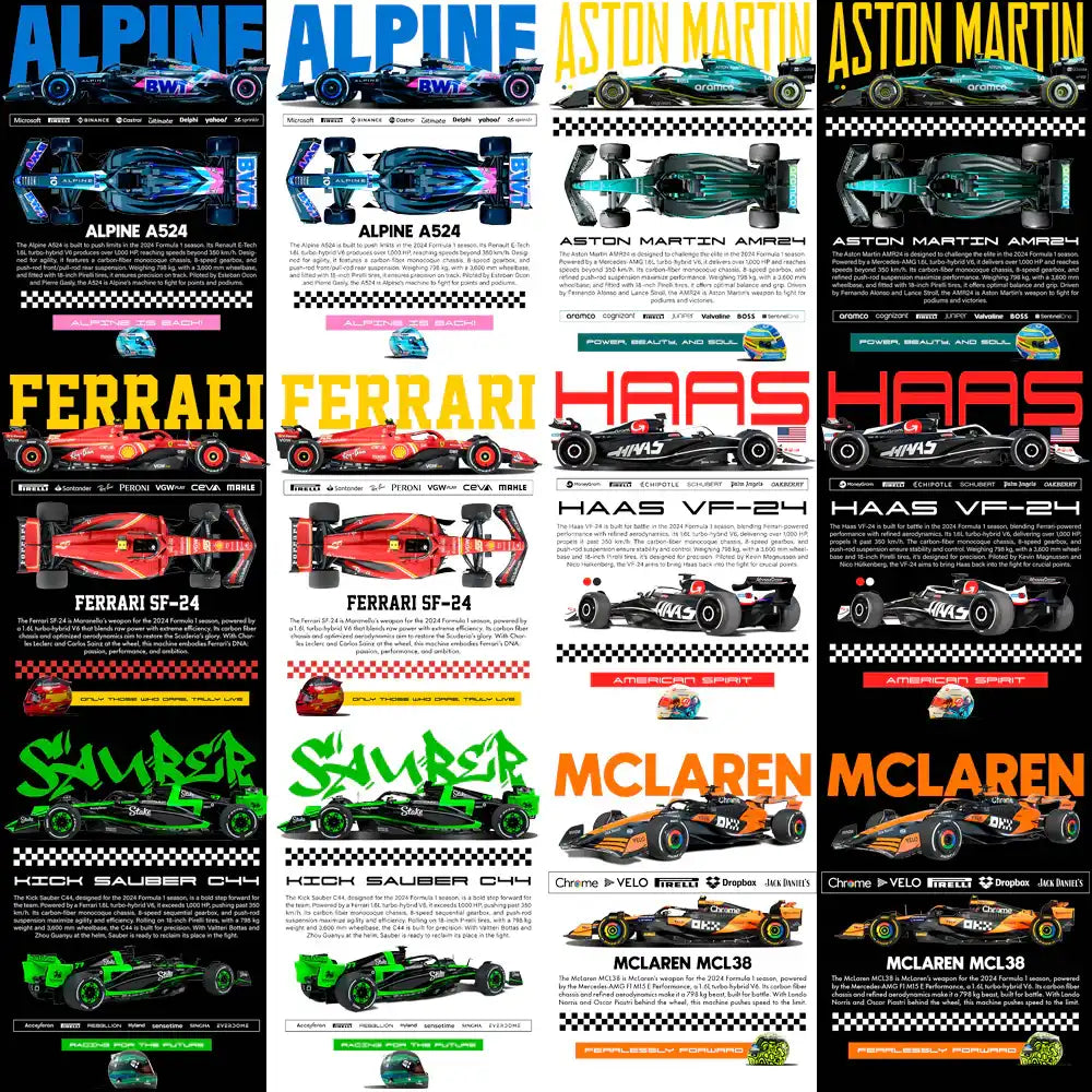 F1 race car designs for DTF, DTG, embroidery & tumbler wraps — Alpine, Ferrari, Haas, McLaren, Aston Martin