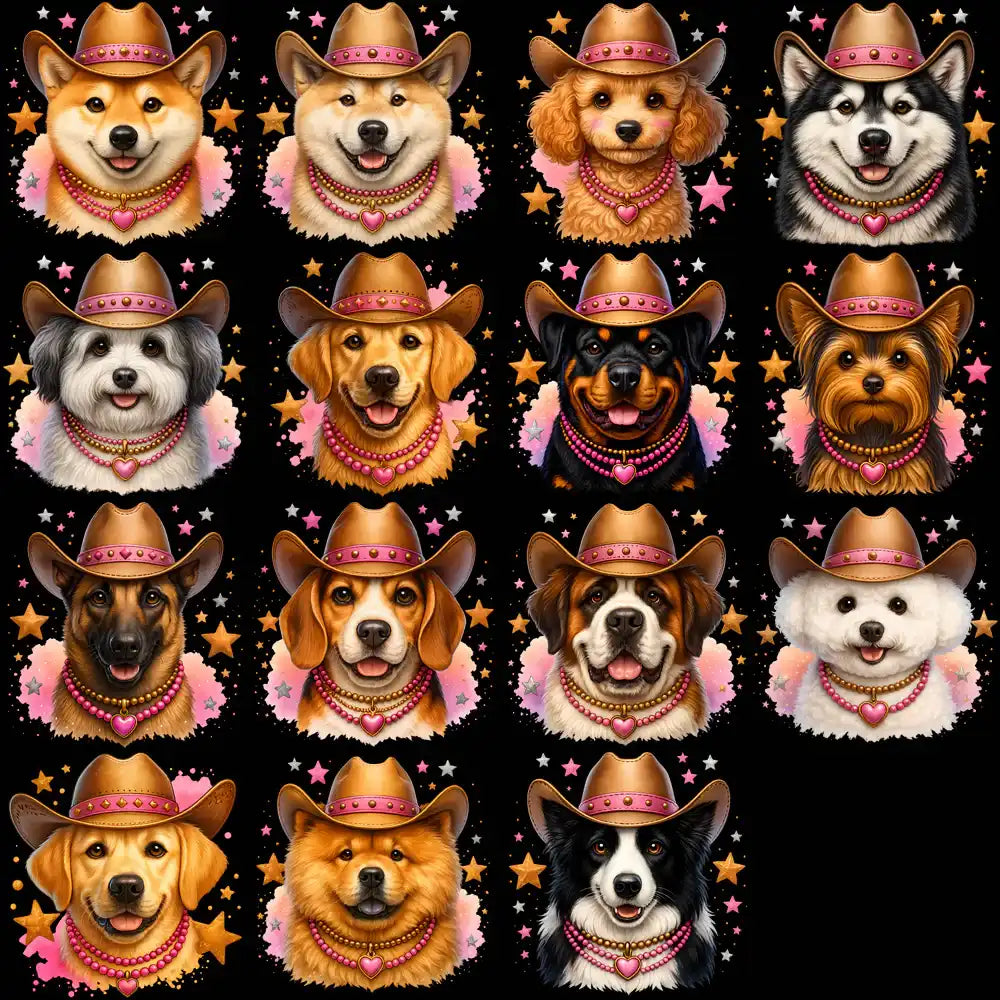 Cute dogs in cowboy hats with pink necklaces, starry background — perfect for DTF, DTG, embroidery designs