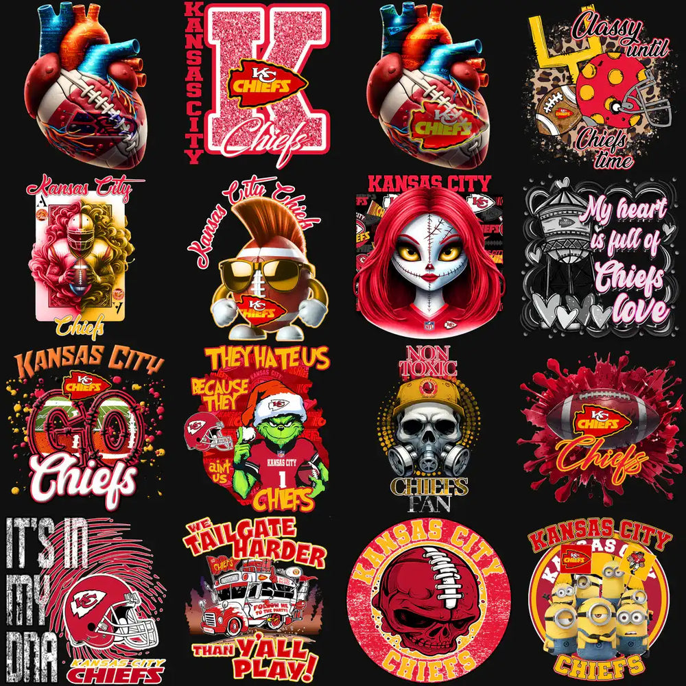 Kansas City Chiefs themed designs including hearts, skulls, and Minions for DTF/DTG and embroidery