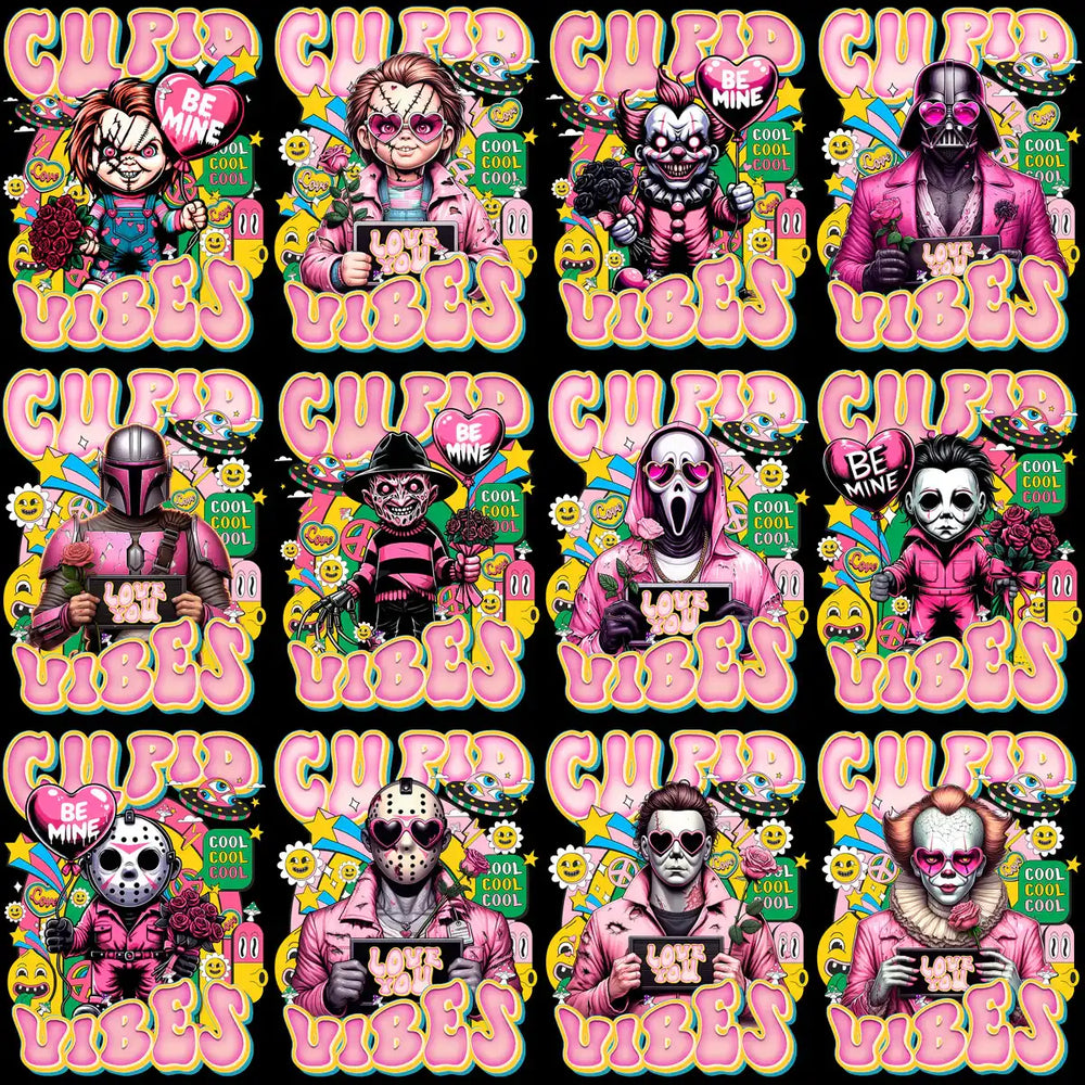 Cupid Vibes horror characters in pink, holding roses and signs, print-ready designs for DTG/DTF