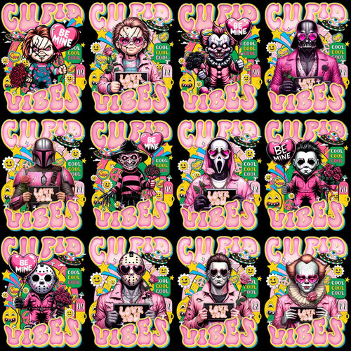 Cupid Vibes horror characters in pink, holding roses and signs, print-ready designs for DTG/DTF