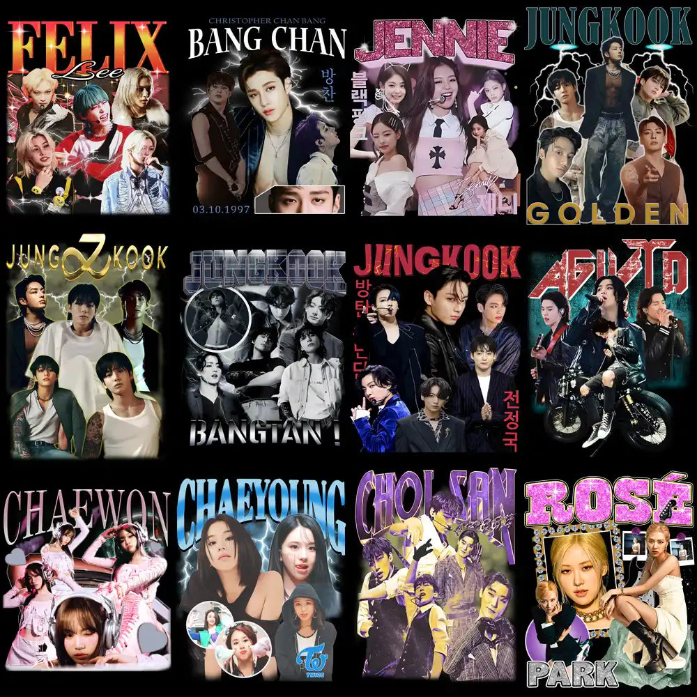 K-pop idol collage with Felix, Jennie, Jungkook, Rosé & more — print-ready PNG designs for merch