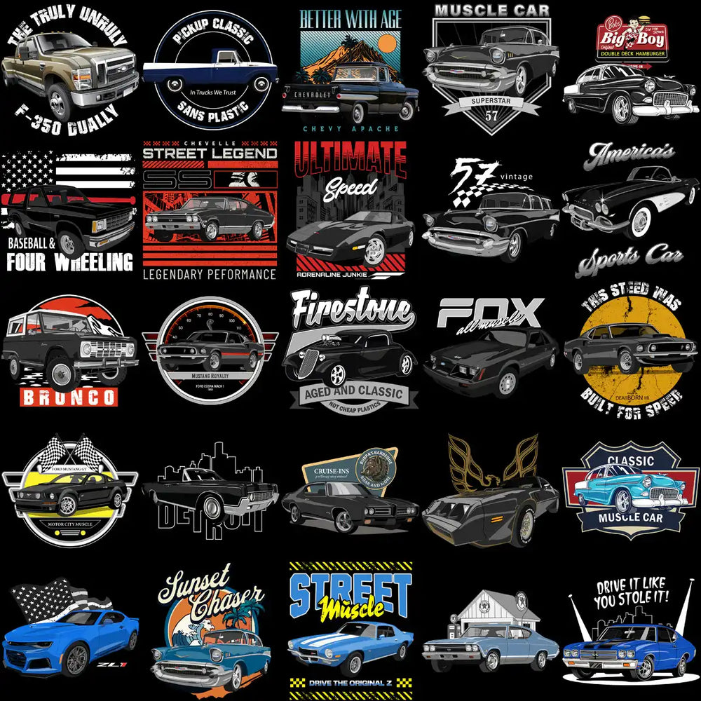 Classic muscle car designs for t-shirts, featuring vintage vehicles and retro graphics.