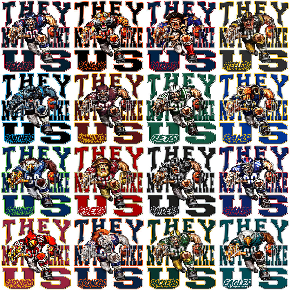 32 Football Teams Not Like Us Mascots Run Designs Bundle PNG