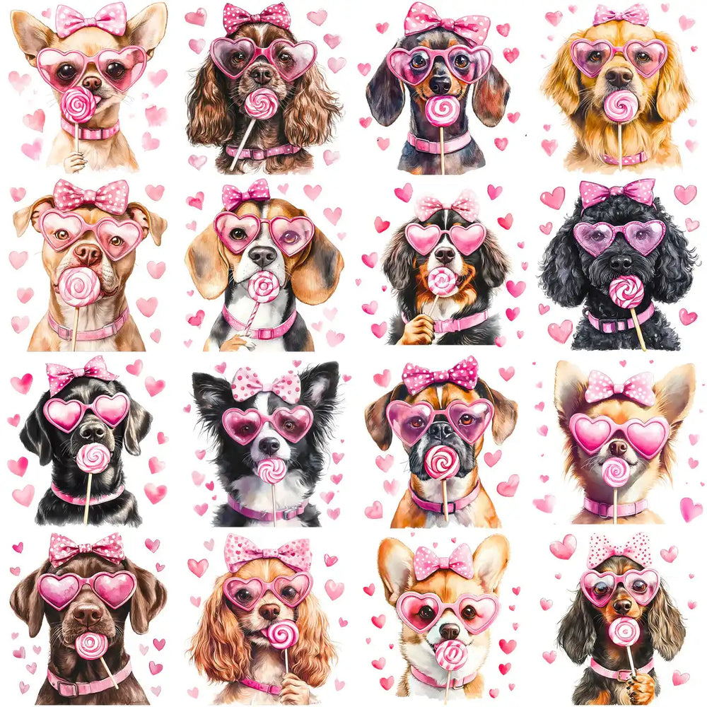 Cute dogs with pink heart sunglasses and lollipops, perfect for DTF/DTG designs