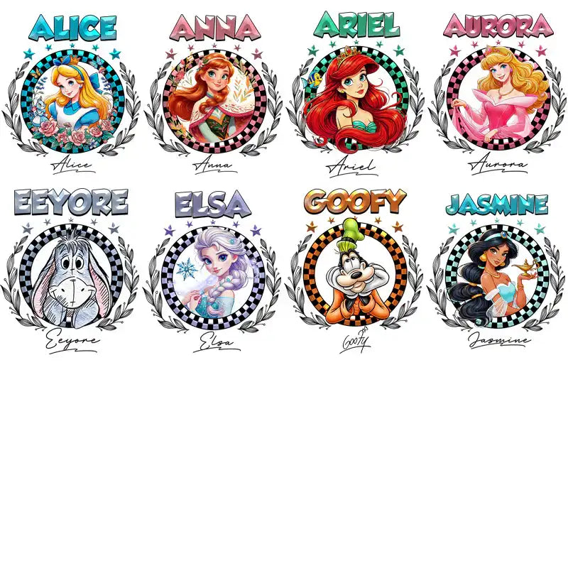Disney princesses and characters in circular frames with checkered borders, perfect for DTF, DTG, or embroidery designs.