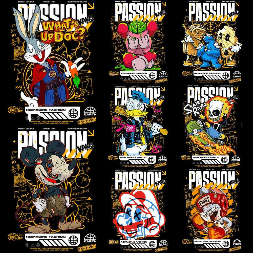 Edgy cartoon designs with 'PASSION' text, ideal for DTF/DTG printing and fashion apparel.