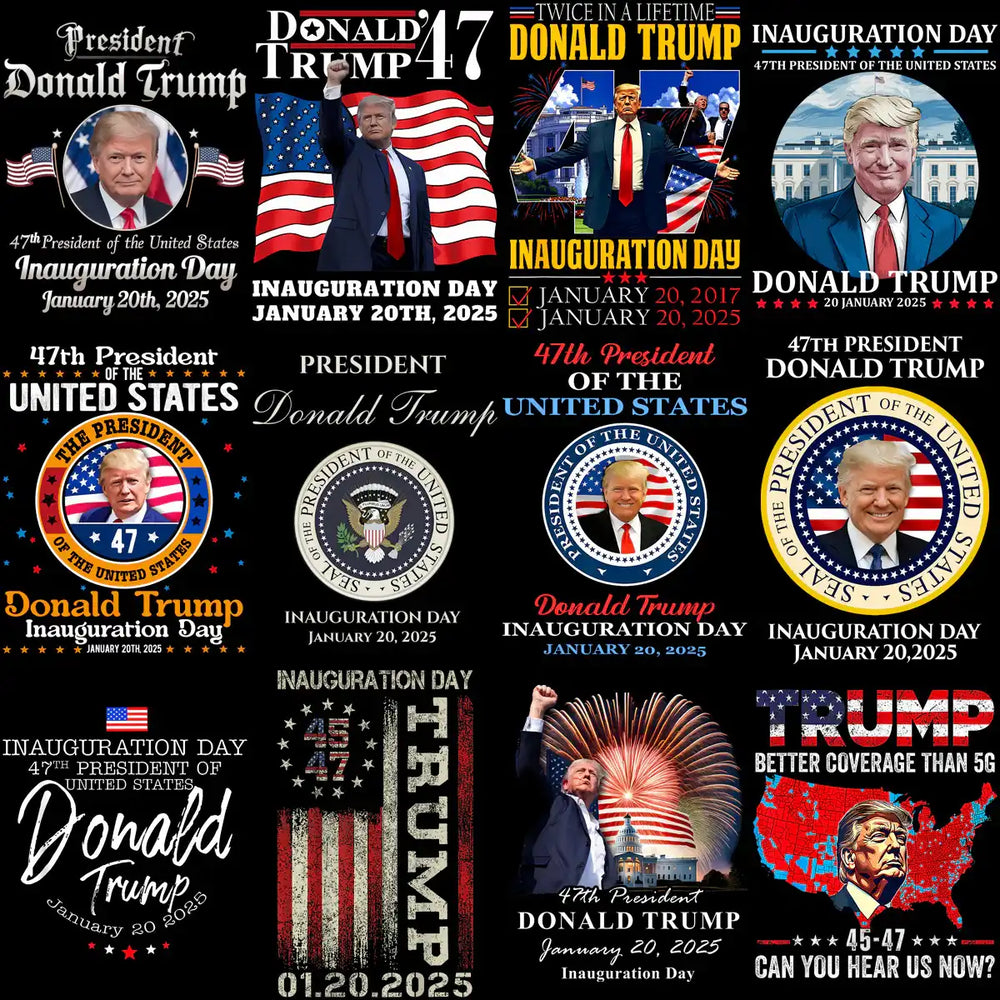 Donald Trump Inauguration Day designs with American flags, seals, and patriotic themes for print-ready use.