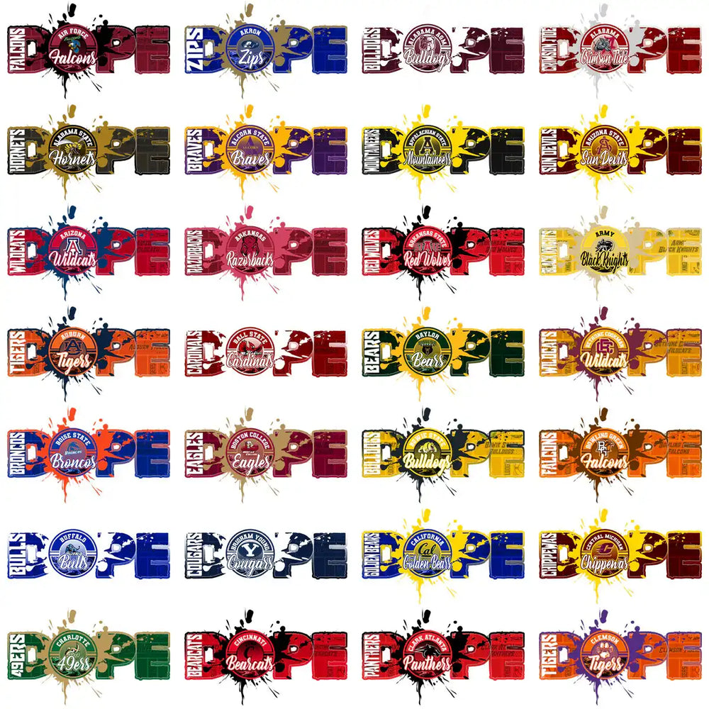 College sports team logos with 'DOPE' text and paint splatter designs for DTF/DTG printing