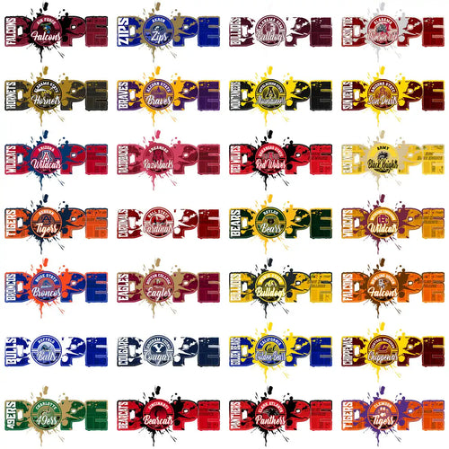 College sports team logos with 'DOPE' text and paint splatter designs for DTF/DTG printing