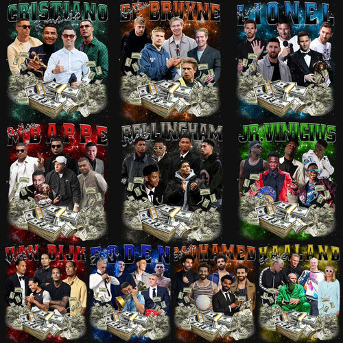 Soccer stars with cash stacks, print-ready designs for DTF, DTG, embroidery, and tumbler wraps.