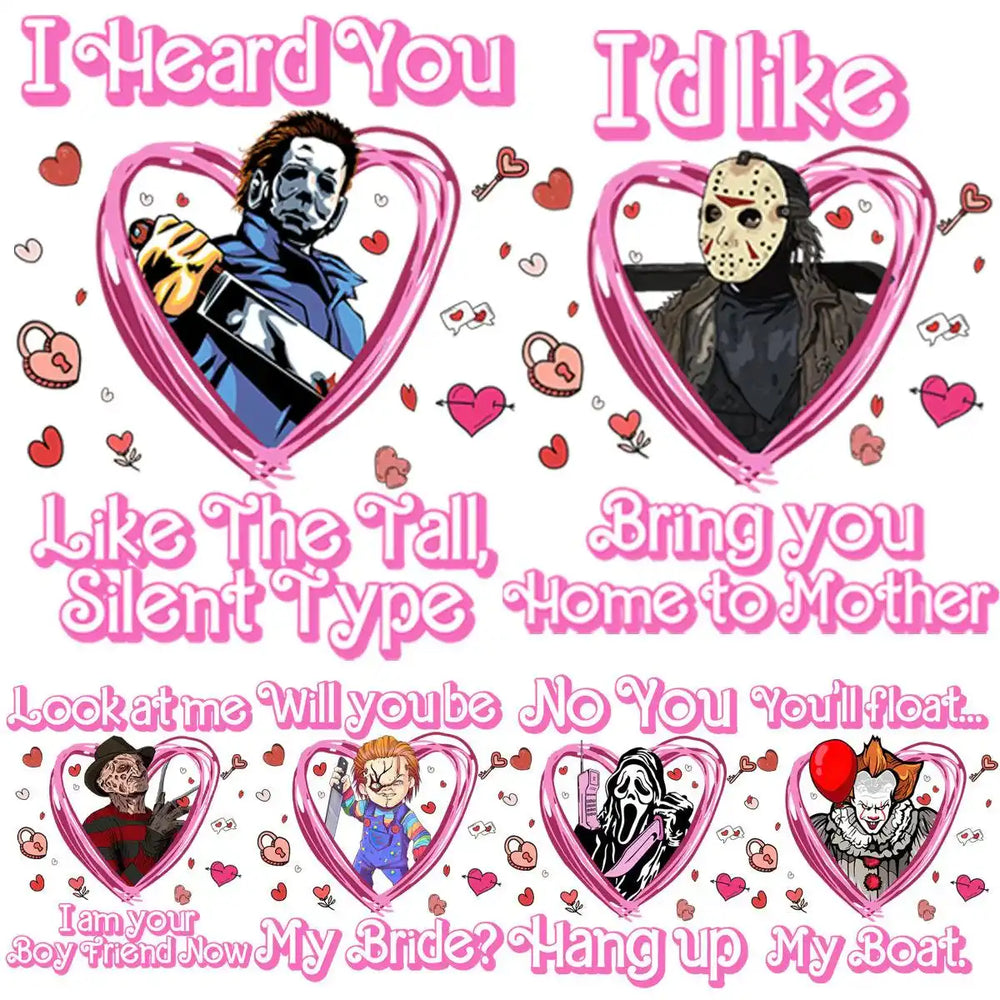 Horror movie characters in pink hearts with romantic quotes, perfect for DTF/DTG designs