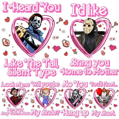 Horror movie characters in pink hearts with romantic quotes, perfect for DTF/DTG designs
