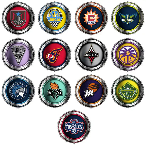 Collection of sports team logos in metallic circular frames for DTF/DTG and embroidery designs