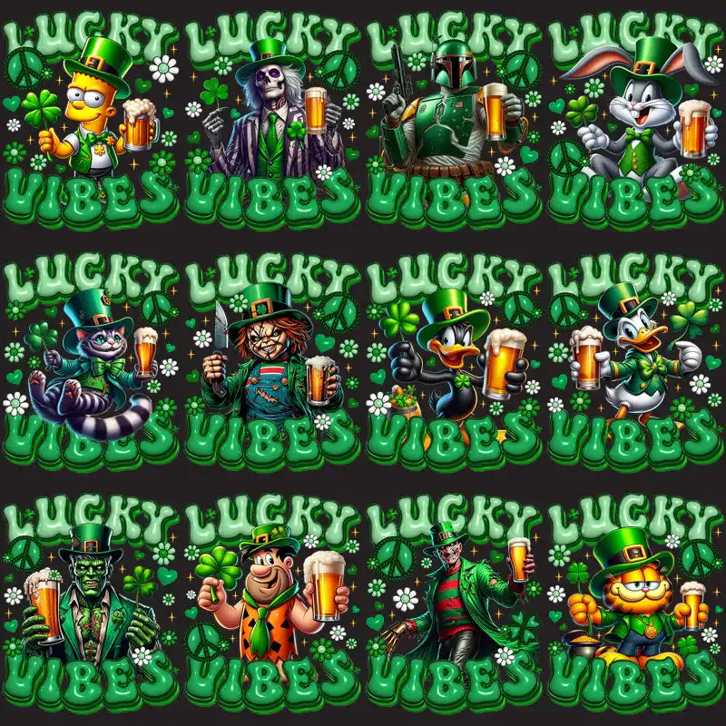 Lucky Vibes St. Patrick’s Day designs with cartoon characters in green hats, beer, shamrocks, and peace signs for DTF, DTG, embroidery