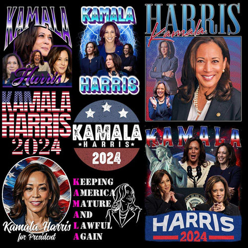 Kamala Harris 2024 campaign designs for DTF, DTG, embroidery — patriotic graphics, slogans, and portraits