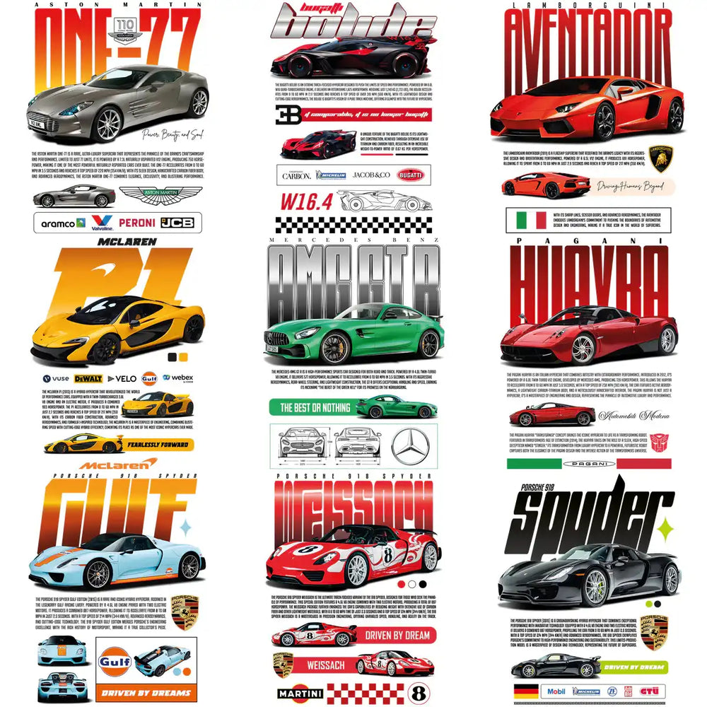 Luxury sports car designs for DTF/DTG printing, featuring Aston Martin, Lamborghini, McLaren, and Porsche models.