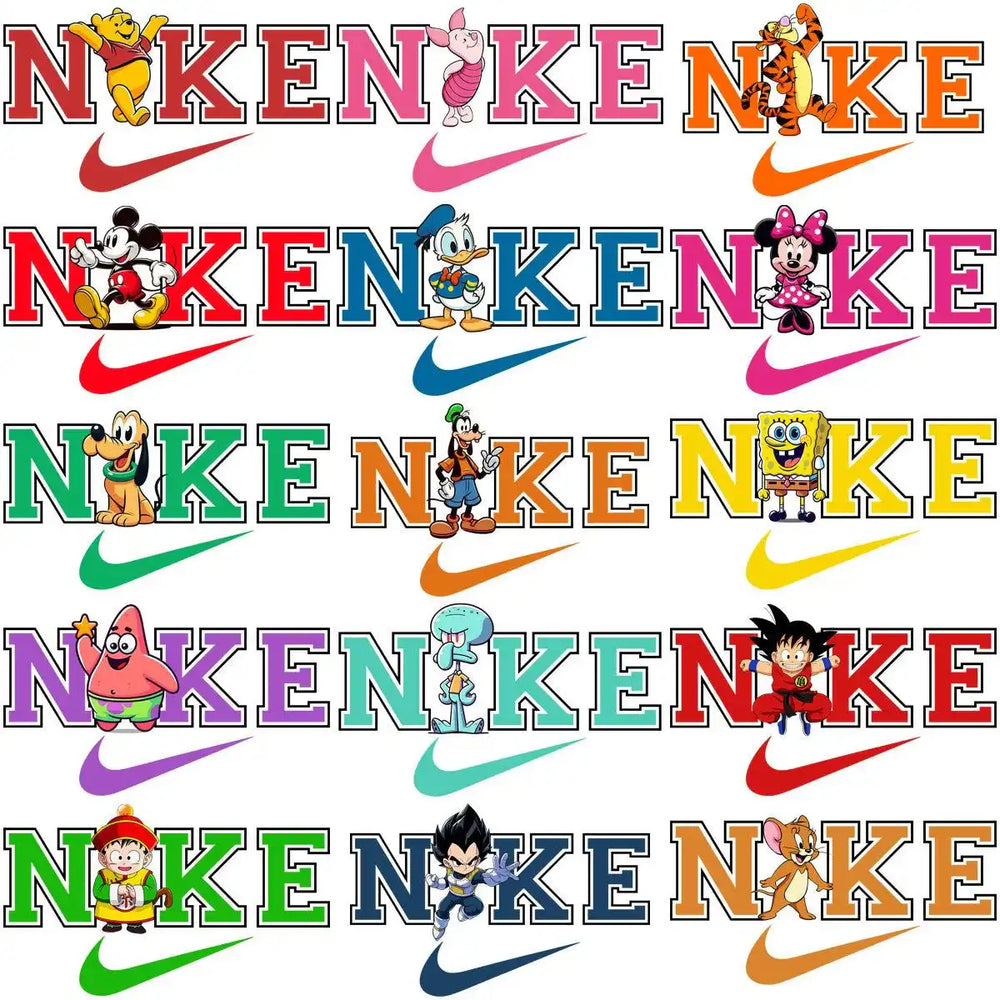 Colorful Nike logo designs with cartoon characters for DTF/DTG and embroidery projects
