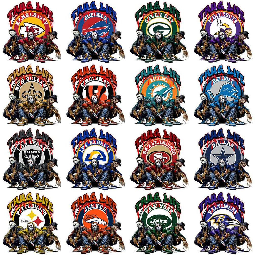Thug Life NFL team designs with iconic logos and characters for DTF/DTG printing