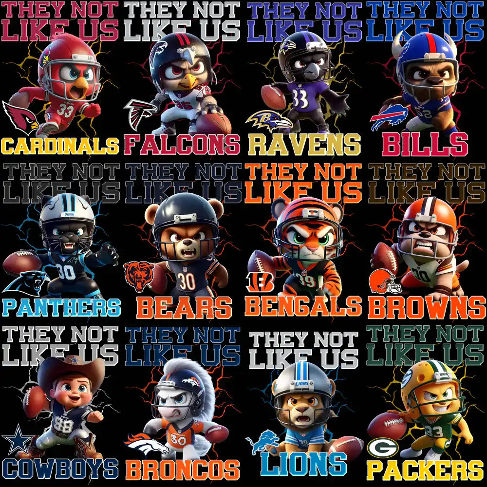 NFL team mascots with 'They Not Like Us' text, print-ready for DTF DTG embroidery designs