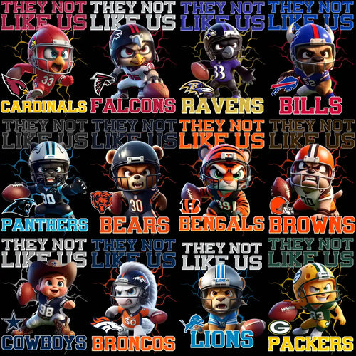 NFL team mascots with 'They Not Like Us' text, print-ready for DTF DTG embroidery designs